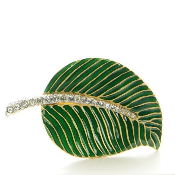 Kenneth Jay Lane KJL Enamel & Crystal Leaf Pin - Picture 1 of 5